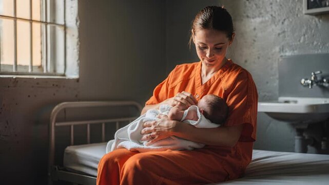 In a prison cell, a mother in orange embraces her newborn, radiating love and hope. A poignant scene of resilience and the unbreakable bond, highlighting the human spirit's strength