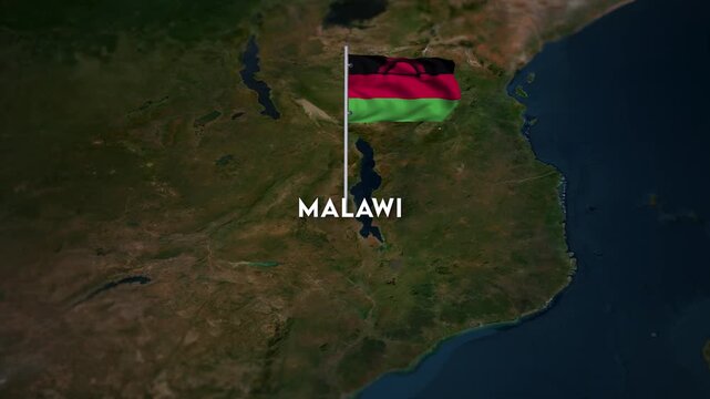 The Flag of Malawi on the World Map, the Malawi flag waving on the 3d map animation 4K