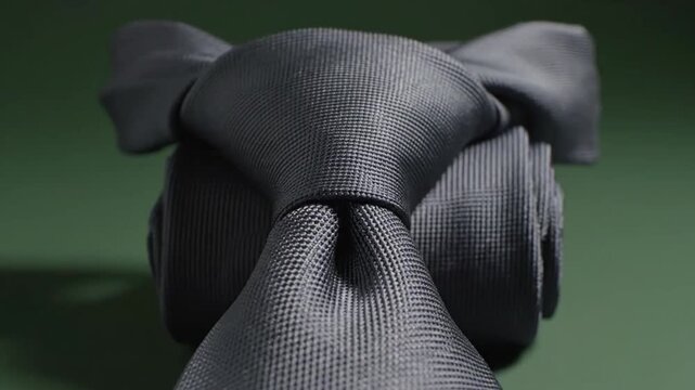 Close-up of a neatly tied dark grey necktie against a green background, showcasing its texture and knot details.