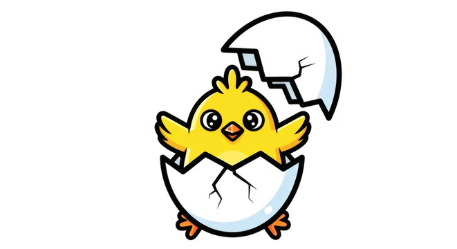 Cartoon yellow chick hatching from egg on transparent background
