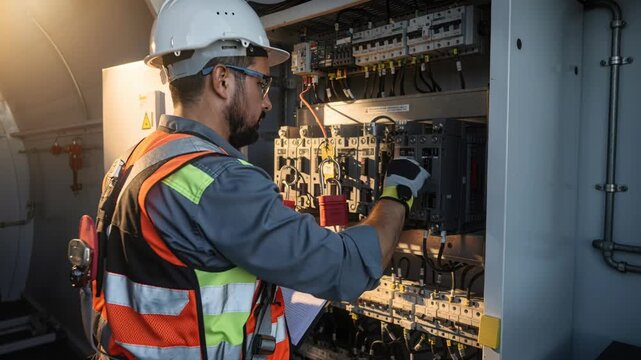 An electrician works on an open electrical panel in a wind turbine. Worker inspects components, ensures safety, and solves problems with expertise. Ideal for industry maintenance concepts