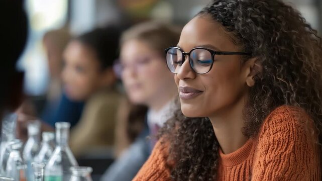 Female teacher engages diverse students in an interactive science class with vibrant experiments and engaging discussions in a modern classroom setting