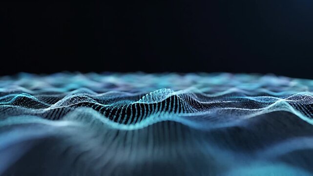 Abstract digital wave pattern with blue glowing particles on a dark background