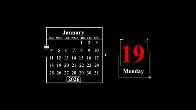 January 2026 Calendar with Monday the 19th highlighted. A very important date in the calendar. Signing a day on a calendar.