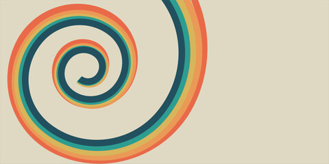 Retro spiral abstract background with colorful vintage 70s stripes. Psychedelic swirl design in mid century modern style with warm rainbow tones on beige backdrop. Trendy nostalgic vector illustration