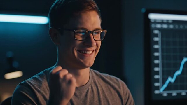 Focused businessman analyzing data on computer screen at night