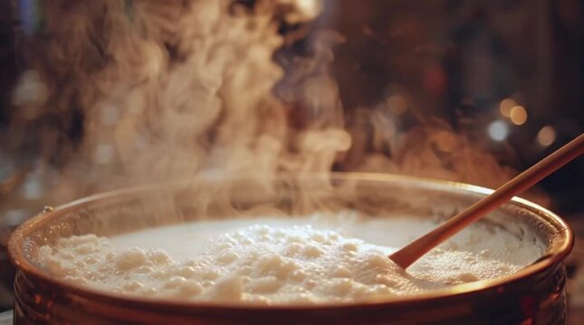 Steaming Eid al Fitr feast with traditional food and halal dishes, a Muslim family's festive celebration and gathering