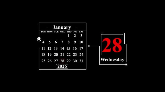 January 28- 2026 Wednesday Calendar Display. A very important date in the calendar. Signing a day on a calendar.