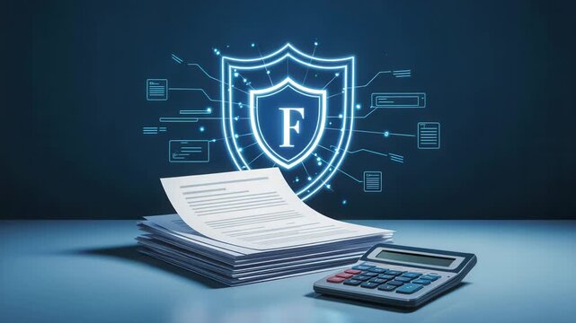 Financial documents and calculator with secure shield logo