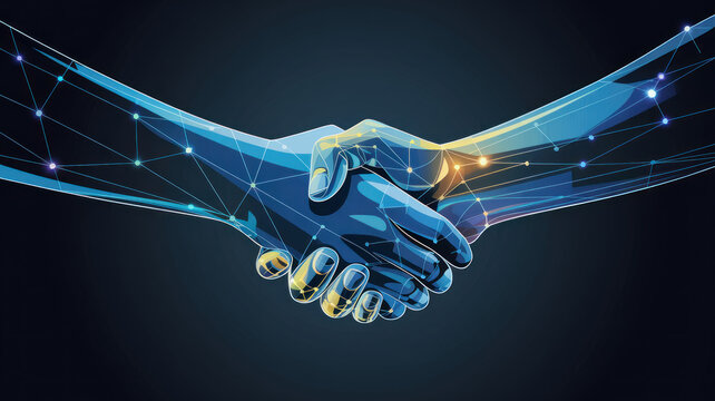 A glowing digital handshake formed by two abstract hands with bright network lines and connection nodes on a dark background symbolizing a secure global technology partnership and modern bus