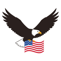 Obraz premium Majestic Bald Eagle Flying with American Flag, Symbol of Freedom and Patriotism