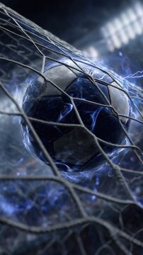 Soccer ball in goal with electric energy and dark netting background
