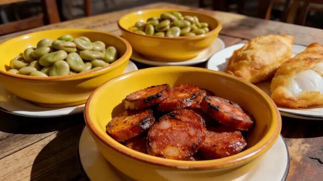 traditional portuguese petiscos platter with chorizo lupini beans and codfish cakes video