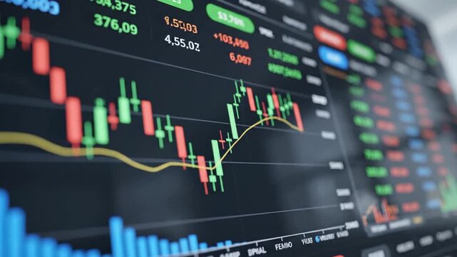 Financial data on a computer screen. Candlestick chart and graphs. Stock market investment