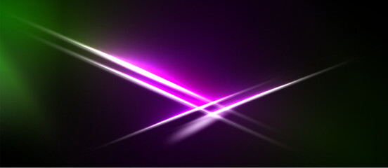 Obraz premium Abstract light streaks intersect dark background. Vivid purple, green hues create dynamic visual effect. Minimalist design.