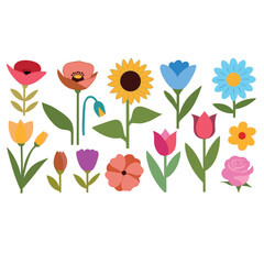 Collection of various colorful illustrated flowers including tulips, sunflowers, poppies, and daisies in a playful artistic style