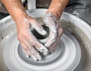 A skilled ceramic artist uses wet fingers to shape and mold messy clay on a spinning pottery wheel while making a handcrafted earthenware bowl