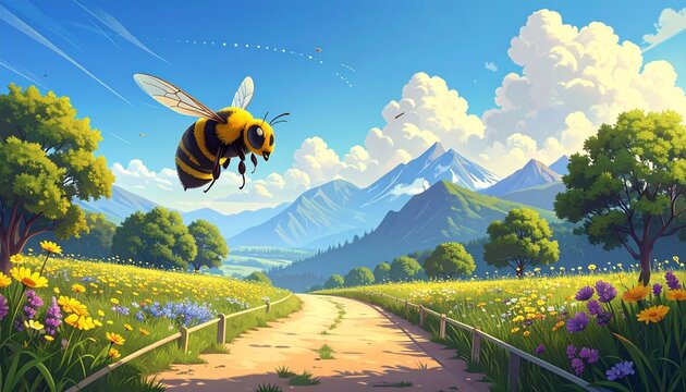 Bee Flying Over Flower Field Path with Mountains in Background