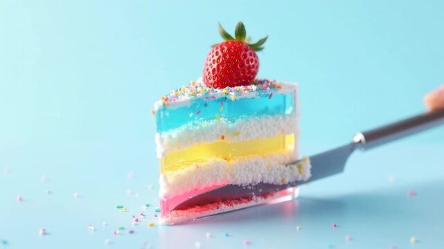 Colorful layered cake slice with strawberry topping, rainbow frosting, sprinkles, cake server, pastel blue background, birthday celebration dessert, vibrant pink yellow blue layers, festive treat/