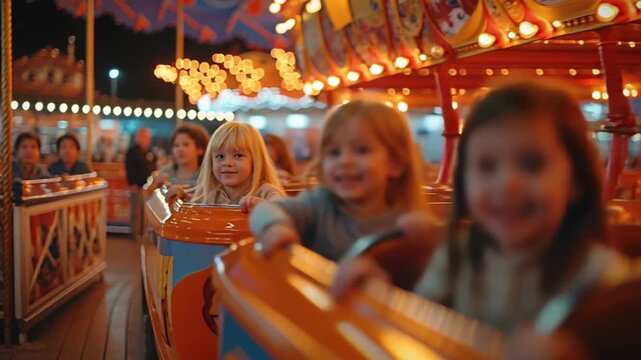 Laughing children ride a colorful carousel in an amusement park aglow with vibrant lights, their joy palpable as they lean forward, enjoying the fun and excitement of the thrilling ride together