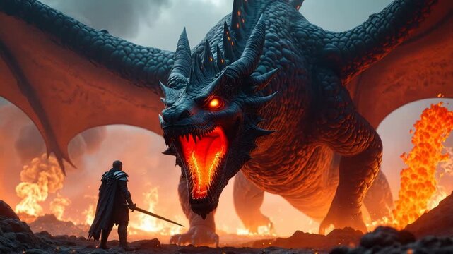 Epic fantasy scene of a massive fire-breathing dragon confronting a lone warrior with a sword amid flames, smoke, and volcanic ruins, symbolizing courage, danger, and mythical power.