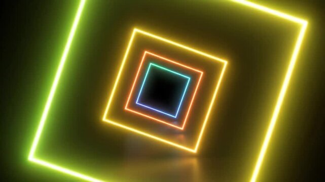 Glowing neon squares, layered in a tunnel-like perspective with rainbow colors on a dark background
