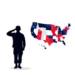 Fototapeta premium Soldier Saluting USA Map Flag Colors