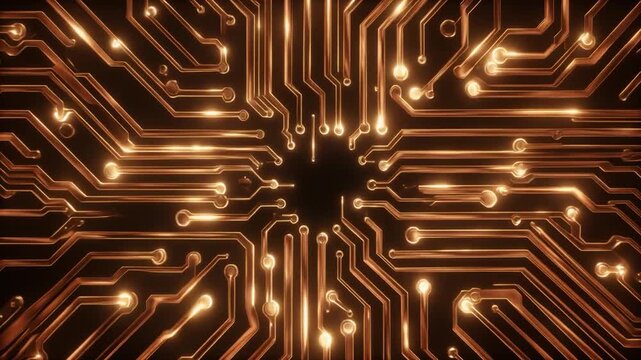 Circuit layout illuminated bright copper gold lights moving paths high detail seamless futuristic surreal ethereal ambience cascading softly glowing abstract unique style ultra realistic loop