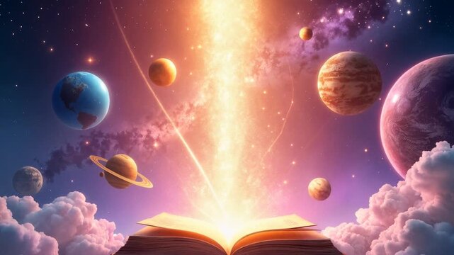 Open book glowing with light revealing solar system planets, magical cosmic scene, stars, colorful nebula, dreamy clouds, imagination and knowledge concept, fantasy space illustration, educational art