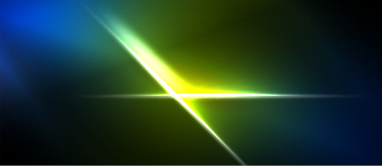 Naklejka premium Abstract light streaks intersect dark background. Vivid blue, green, yellow hues create dynamic visual effect. Minimalist design.