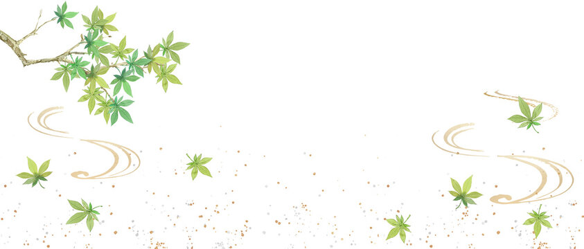 Japanese Style Background with Watercolor Green Maple Leaves and Golden Stream-300dpi-
