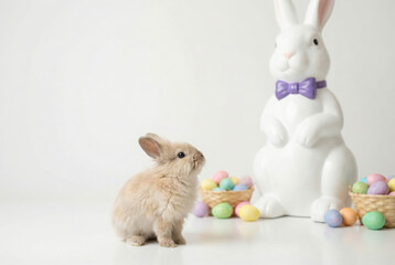 Fototapeta premium Small Real Rabbit Sitting Next to Large White Ceramic Bunny Figurine