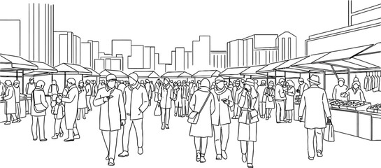 Fototapeta premium Black and white illustration of a bustling outdoor market isolated on transparent background