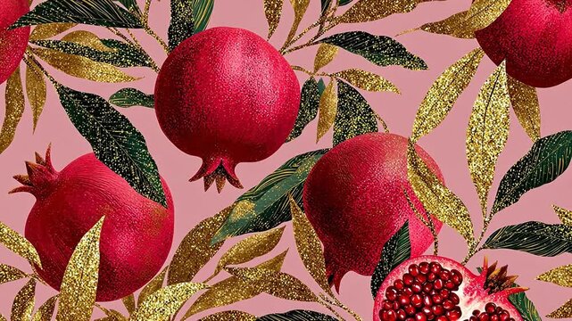 Pomegranates with golden leaves on pink