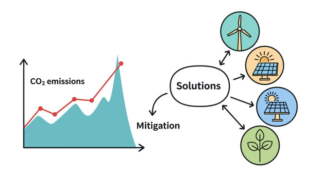 Vector infographic showing CO2 emissions graph with climate change solutions including renewable energy and carbon reduction strategies