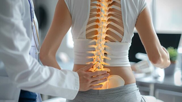 Medical practitioner conducts thorough spinal examination on patient, seated clinical setting, focusing on specific areas for treatment care, ensuring precise assessment professional medical attention