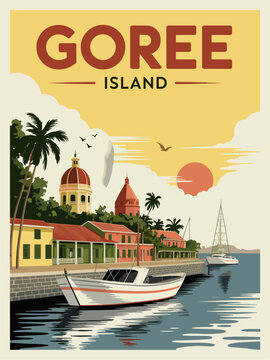 Retro 1960s travel poster of Gor&eacute;e Island featuring colonial architecture and a small harbor. Pastel palette, flat vector illustration in mid-century modern style.
