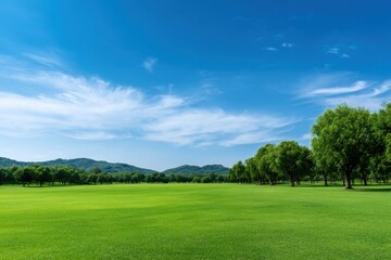 Fototapeta premium Lush green landscape with rolling hills and vibrant blue sky