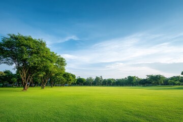 Obraz premium Peaceful green park landscape with blue sky and scattered trees