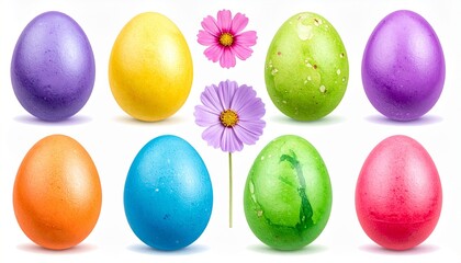 Obraz premium Colorful Easter Eggs and Spring Cosmos Flowers Isolated on White Background
