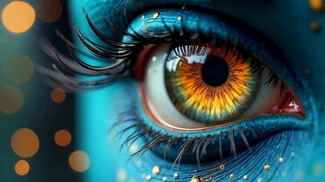 Extreme close-up of vibrant human eye with colorful iris, blue skin makeup, golden particles, dramatic eyelashes, artistic beauty concept, fantasy makeup, bokeh lights background.