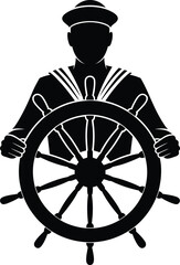 Fototapeta premium Sailor silhouette at the ship wheel, sea captain steering helm, maritime navigation and nautical adventure vector illustration isolated on white