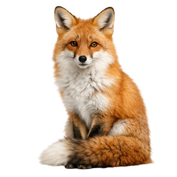 A red fox sitting on a white background with its fur looking fluffy and alert. isolated on transparent background