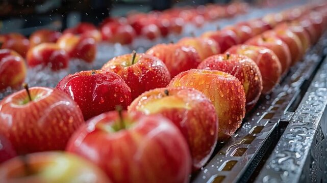 Rows of vibrant red apples move along conveyor belt, being washed and cleaned in bustling processing facility during the peak autumn harvest season, with water droplets spraying across the fresh fruit