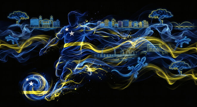 Curacao soccer player dribbling, abstract neon silhouette with Queen Emma Bridge and Handelskade waterfront symbols, Caribbean football concept