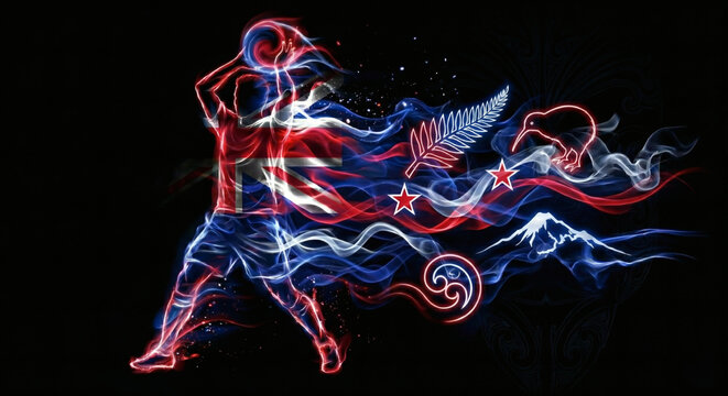 New Zealand soccer player throw-in, abstract neon silhouette with Silver Fern and Kiwi bird symbols, Oceania football concept