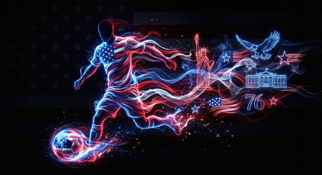 USA soccer player dribbling, abstract neon silhouette with Statue of Liberty and Bald Eagle, World Cup 2026 Host concept