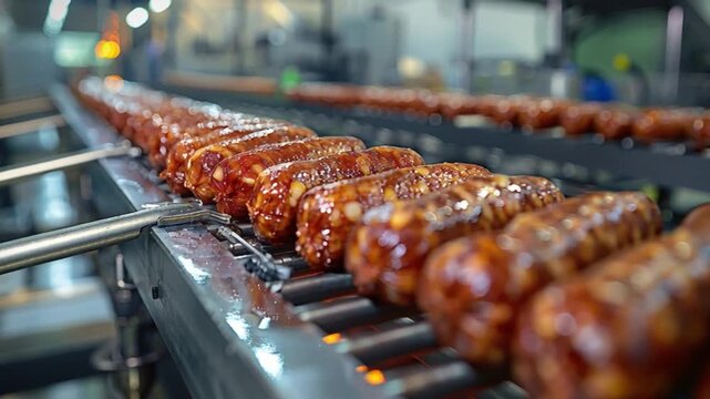 Sausages are being cooked on a continuous conveyor belt within a bustling food manufacturing facility, demonstrating the grilling process and industrial food manufacture environment