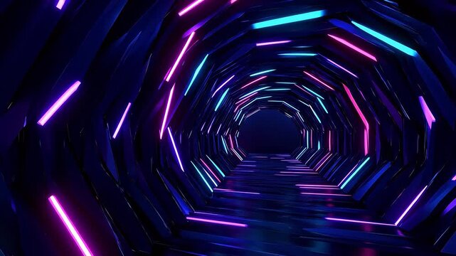 Neon light tunnel with geometric shapes