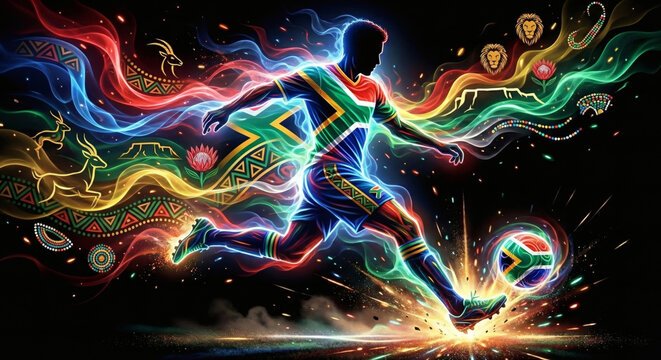 South Africa soccer player shooting, abstract neon silhouette with Table Mountain and Protea flower, African football concept